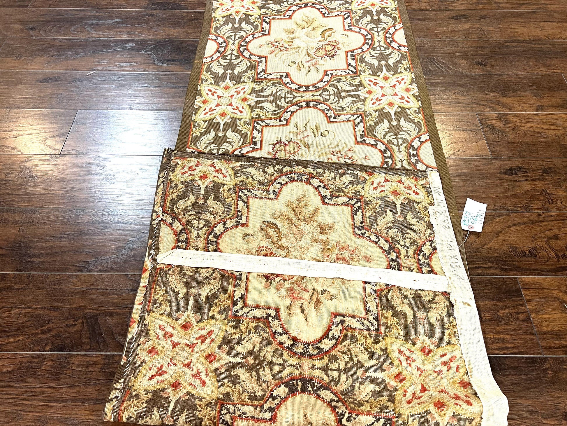 Needlepoint Runner Rug 2.8 x 9.8, Brown and Beige, Handwoven Handmade Floral French European Design, Vintage Flatweave 10ft Wool Runner Rug - Nuvé
