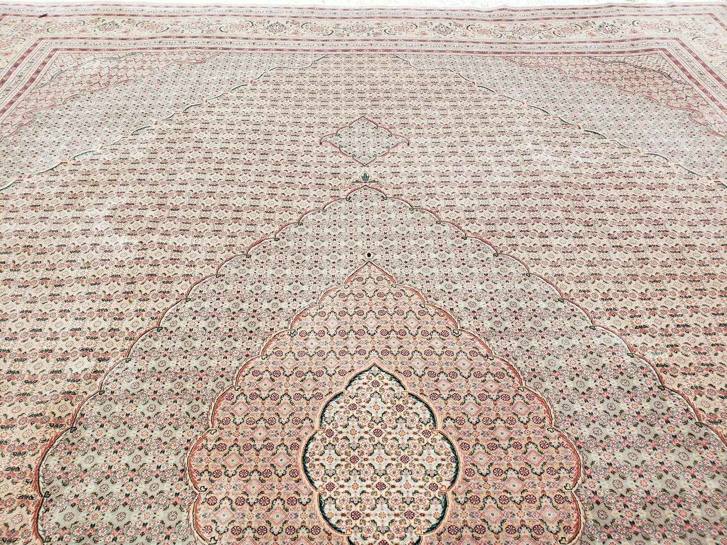 Stunning Oversized Sino Persian Oriental Rug 12x15, Hand Knotted Wool & Silk Palace Sized Carpet, Mahi Pattern, Very Fine, Peach Beige, Wow - Nuvé