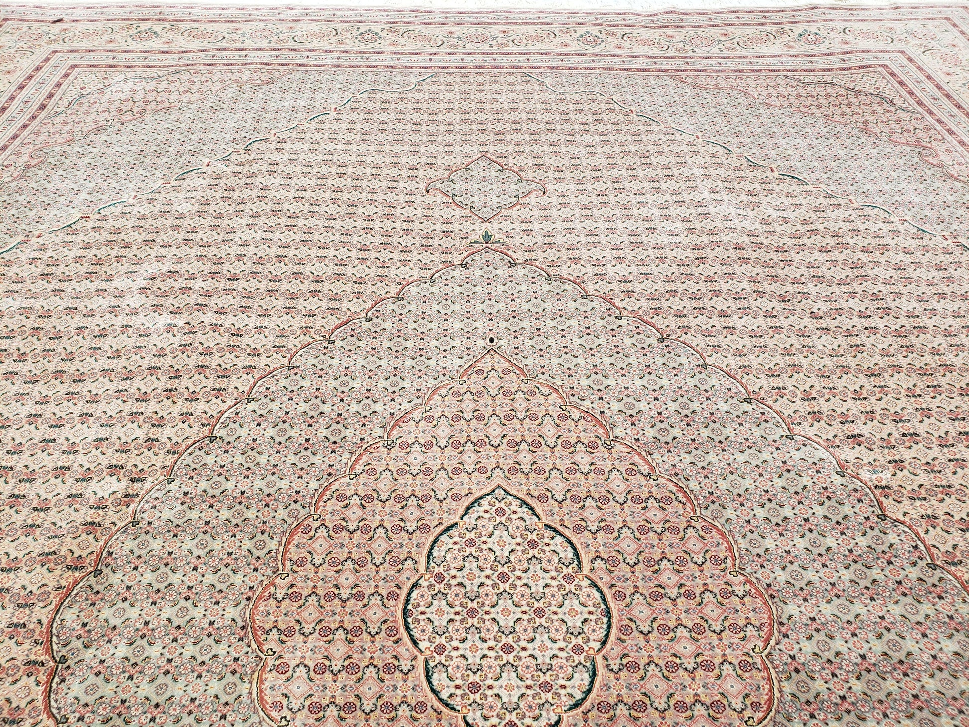 Stunning Oversized Sino Persian Oriental Rug 12x15, Hand Knotted Wool & Silk Palace Sized Carpet, Mahi Pattern, Very Fine, Peach Beige, Wow - Nuvé