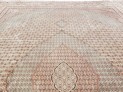 Stunning Oversized Sino Persian Oriental Rug 12x15, Hand Knotted Wool & Silk Palace Sized Carpet, Mahi Pattern, Very Fine, Peach Beige, Wow - Nuvé