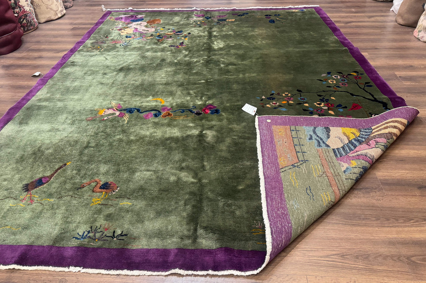 Antique Chinese Nichols Rug 9x12 - Rare Green and Purple Art Deco Carpet - Nuvé