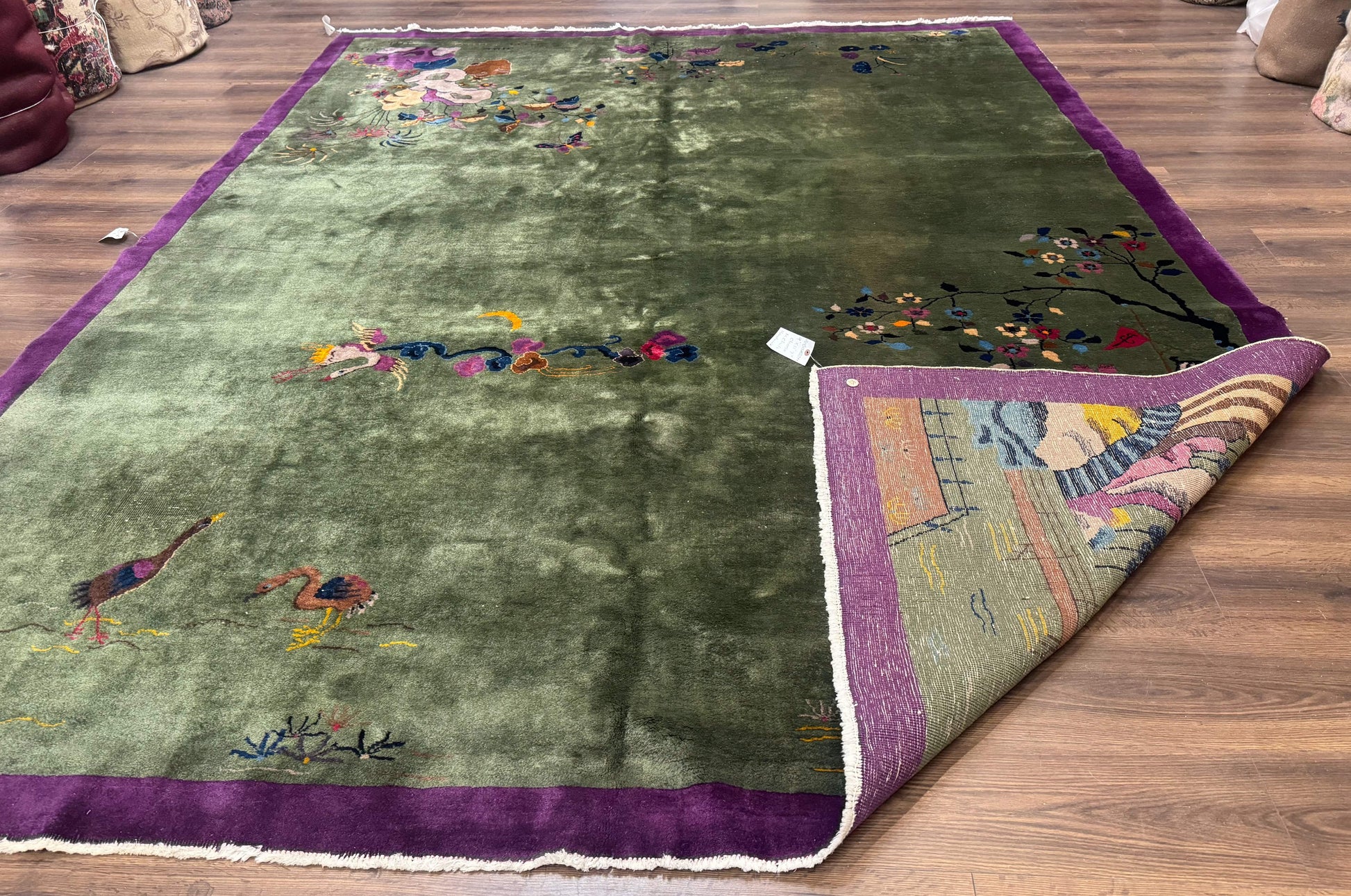 Antique Chinese Nichols Rug 9x12 - Rare Green and Purple Art Deco Carpet - Nuvé