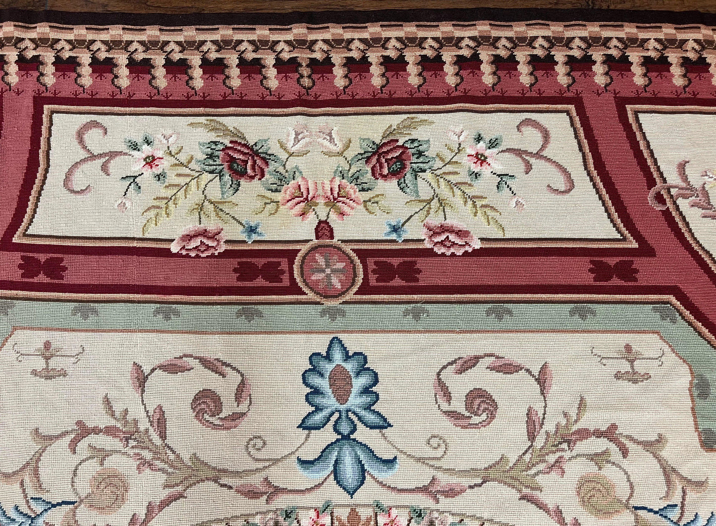 Needlepoint Rug 7.9 x 9, Beige Maroon Rose, Handmade Handwoven Flatweave Aubusson Savonnerie French European Elegant Carpet, Wool Rug - Nuvé
