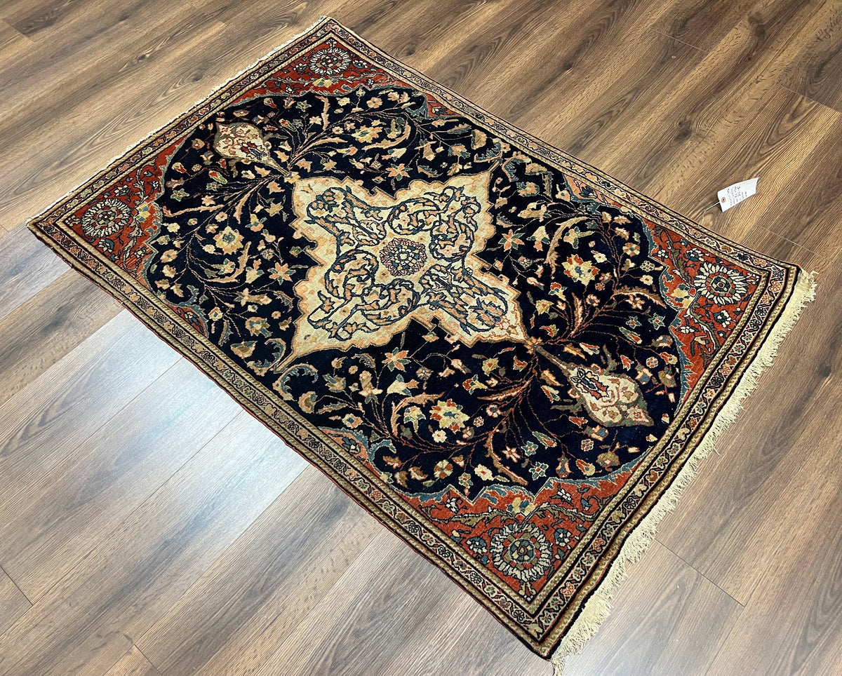 Antique Persian Rug 3.5 x 5, Sarouk Farahan Rug, High Quality 1920s Fine Oriental Carpet 3 x 5 ft, Large Medallion, Floral, Navy Blue Red, Hand Knotted Wool Rug