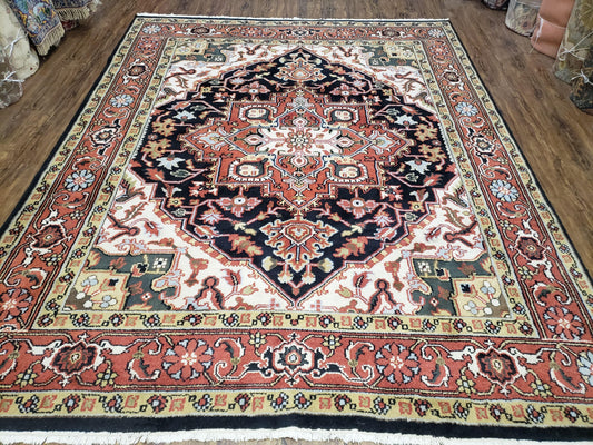 Vintage Indo Heriz Area Rug 8x10, Indo Persian Carpet 8 x 10, Red Dark Blue & Beige/Cream Indian Rug, Decorative Pattern, Wool, Hand-Knotted - Nuvé