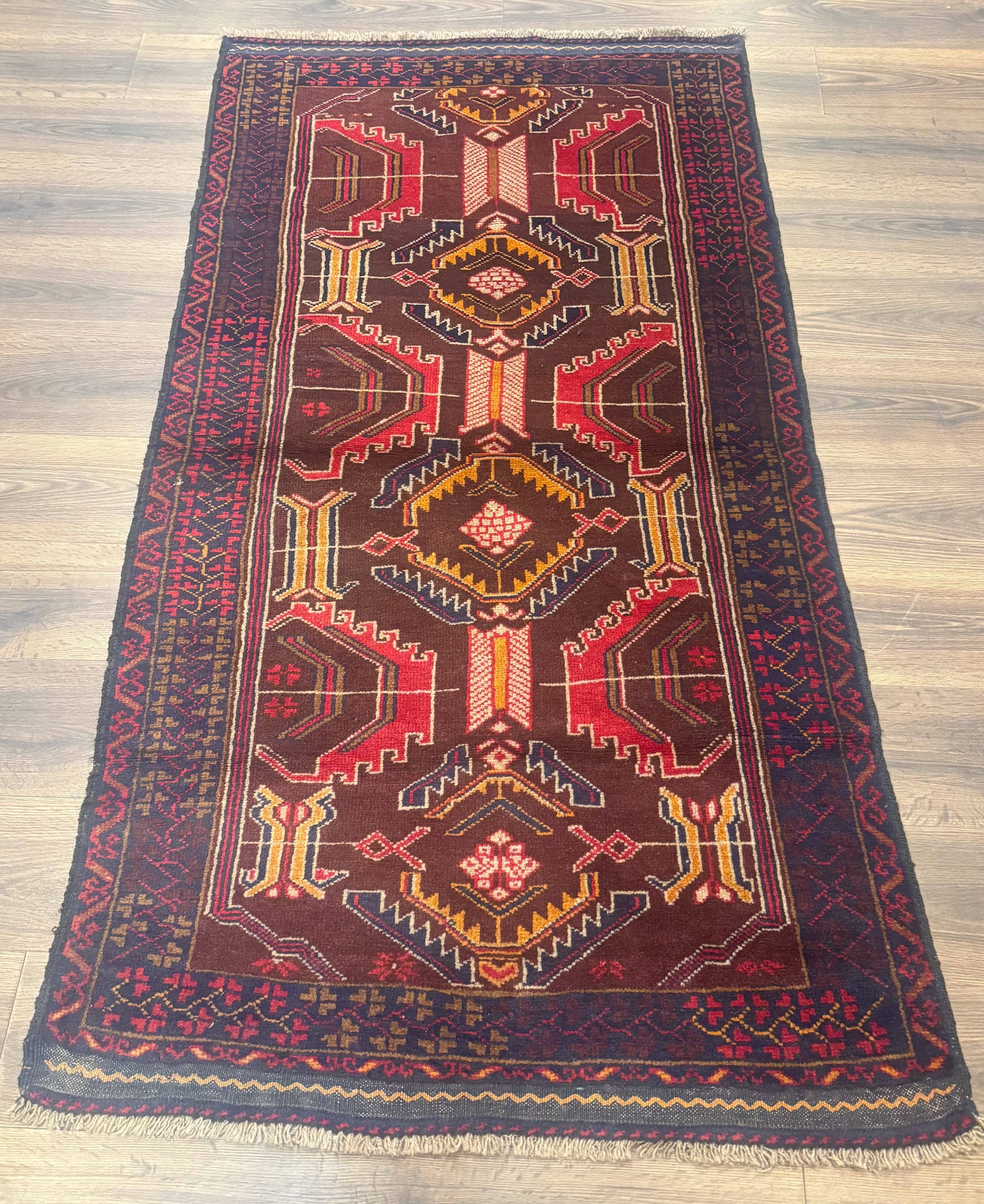 Afghan Rug 3x7, Maroon and Navy Blue, Balouch Carpet, Tribal Rug, New - Nuvé