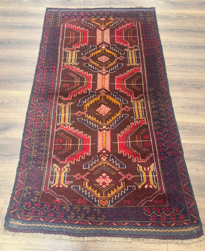 Afghan Rug 3x7, Maroon and Navy Blue, Balouch Carpet, Tribal Rug, New - Nuvé