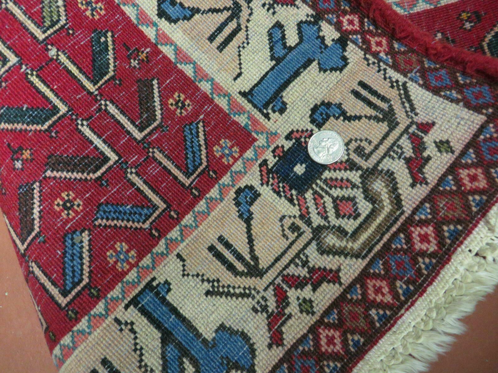 3' X 5' Vintage Handmade India Geometric Oriental Wool Rug Nice Birds Ivory Red - Nuvé