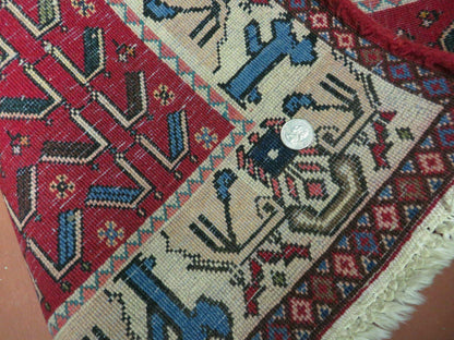 3' X 5' Vintage Handmade India Geometric Oriental Wool Rug Nice Birds Ivory Red - Nuvé