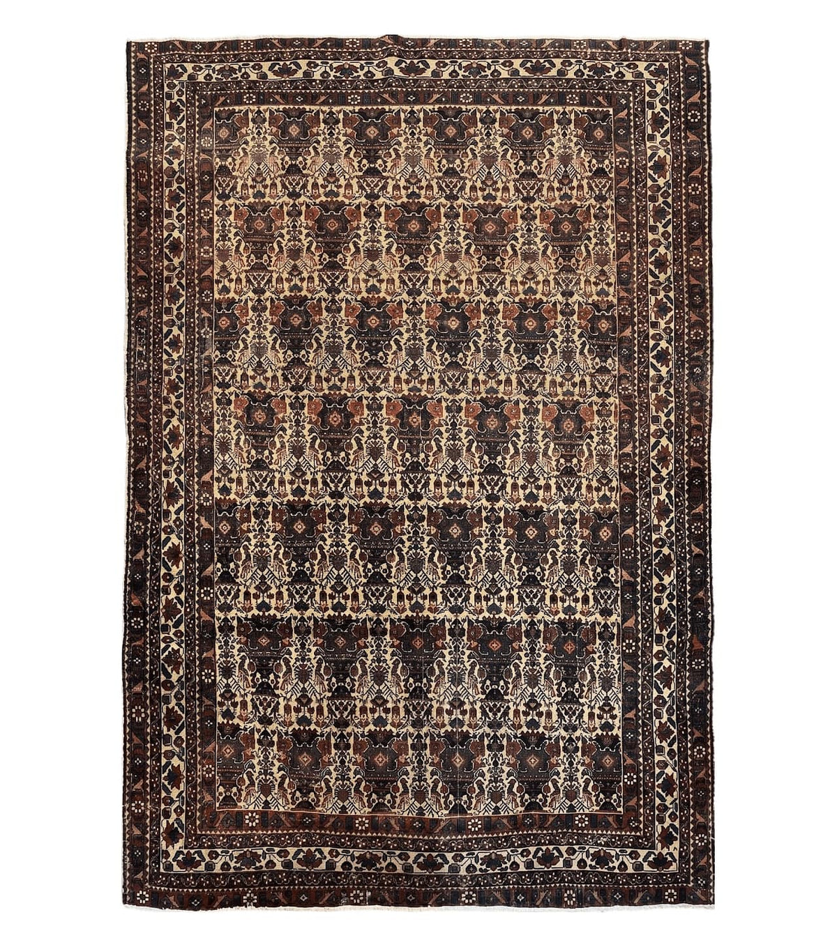 Antique Persian Afshar Rug 5x7, Wool Hand Knotted Oriental Carpet 5 x 7 ft, Repeated Motif Allover, Cream and Maroon, Tribal Rug, Medium Sized Rug,  Zil-i-Sultan Design