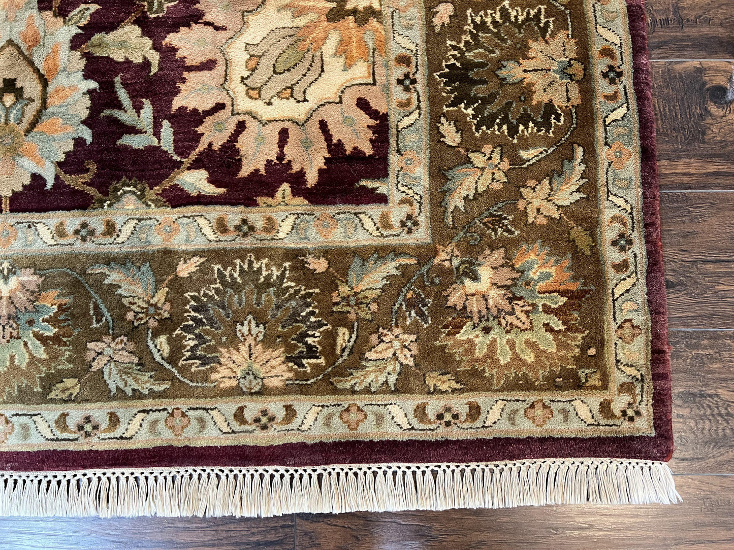 Indo Mahal Rug 6x9, Large Flowers Allover, Maroon and Green, Handmade Wool Area Rug, Vintage Rug, Indian Oriental Carpet, Hand Knotted Rug - Nuvé