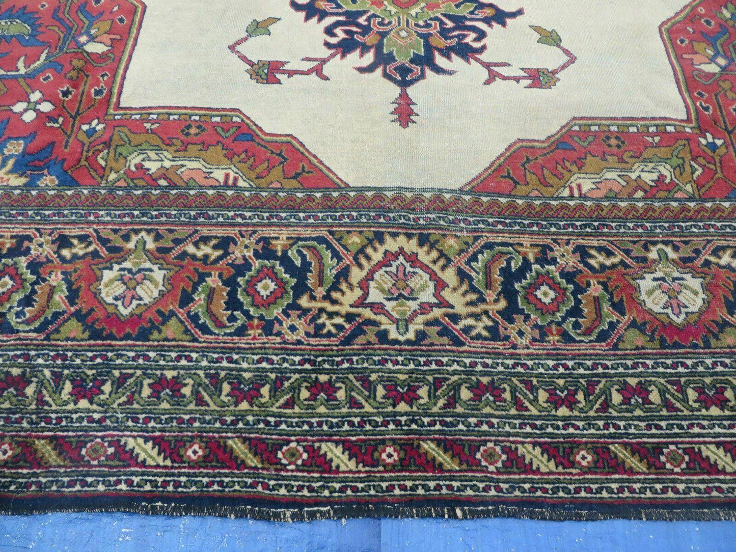 Persian Tabriz Rug 10x13 Oriental Carpet, Ivory Open Field, Geometric Medallion, Red Blue, Hand Knotted, Large Wool Area Rug Vintage Antique 1950s - Nuvé
