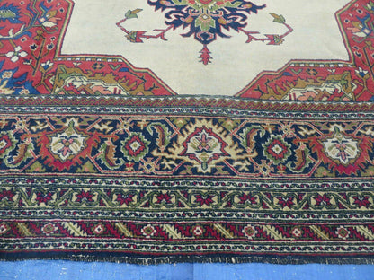 Persian Tabriz Rug 10x13 Oriental Carpet, Ivory Open Field, Geometric Medallion, Red Blue, Hand Knotted, Large Wool Area Rug Vintage Antique 1950s - Nuvé