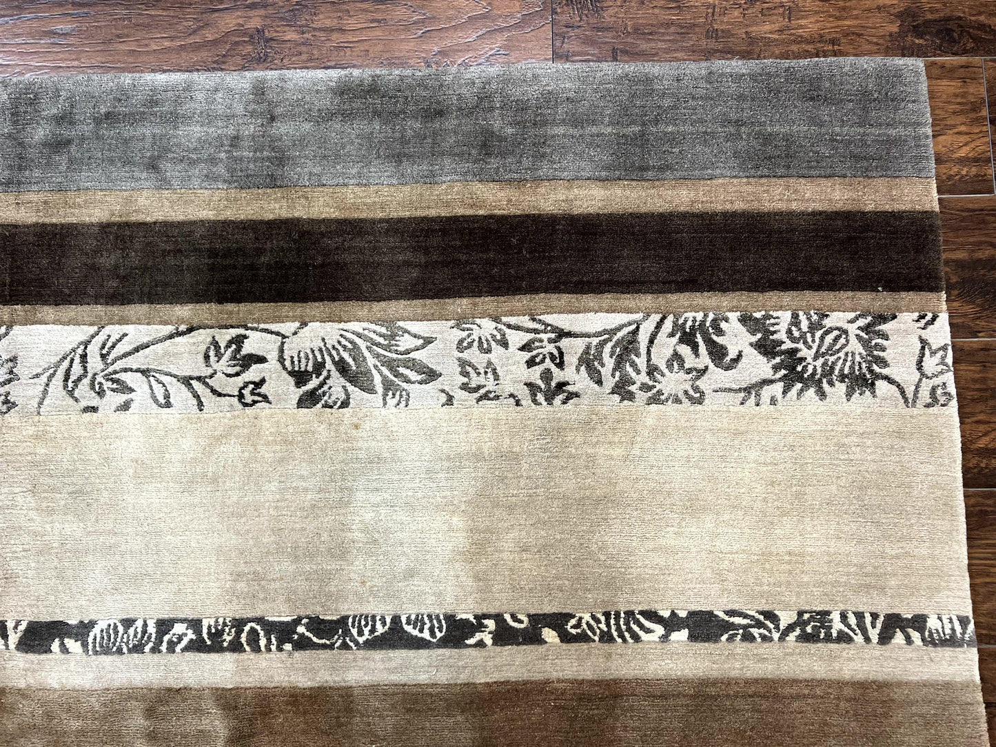 Modern Tibetan Nepali Rug 8x12, Stripe Pattern, Wool with Silk Highlights, Handmade, Beige Tan Brown - Nuvé
