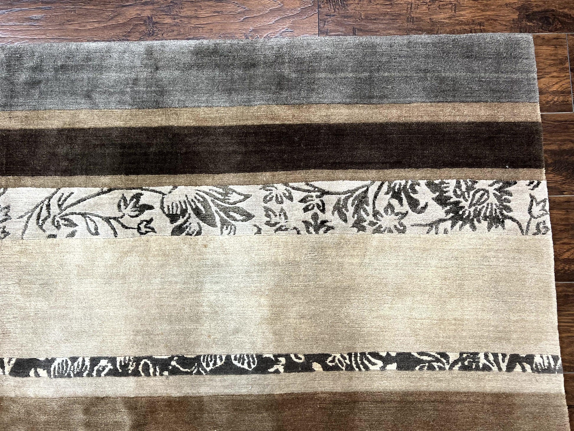 Modern Tibetan Nepali Rug 8x12, Stripe Pattern, Wool with Silk Highlights, Handmade, Beige Tan Brown - Nuvé