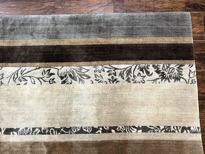 Modern Tibetan Nepali Rug 8x12, Stripe Pattern, Wool with Silk Highlights, Handmade, Beige Tan Brown - Nuvé