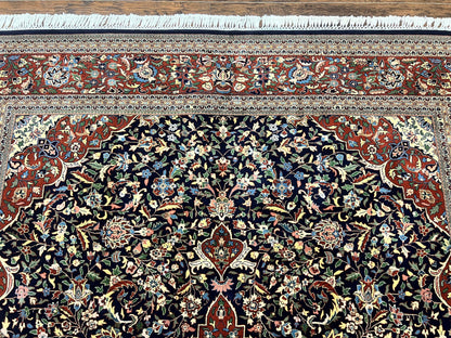 Indo Persian Rug 8x10, Floral Medallion, Vintage Handmade Wool Carpet, Navy Blue and Red, Fine 300 KPSI - Nuvé