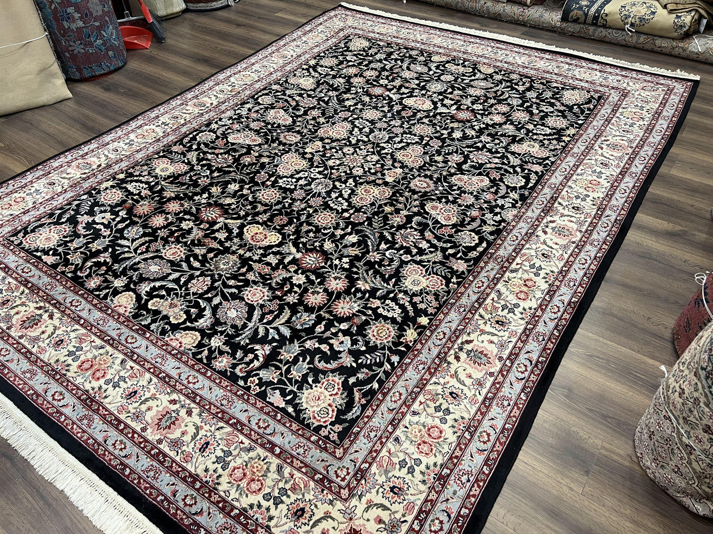 Pak Persian Rug 9x12, Floral Allover, Hand Knotted Oriental Carpet 9 x 12 ft, Black and Cream, Detailed, Wool with Silk Highlights, Vintage - Nuvé
