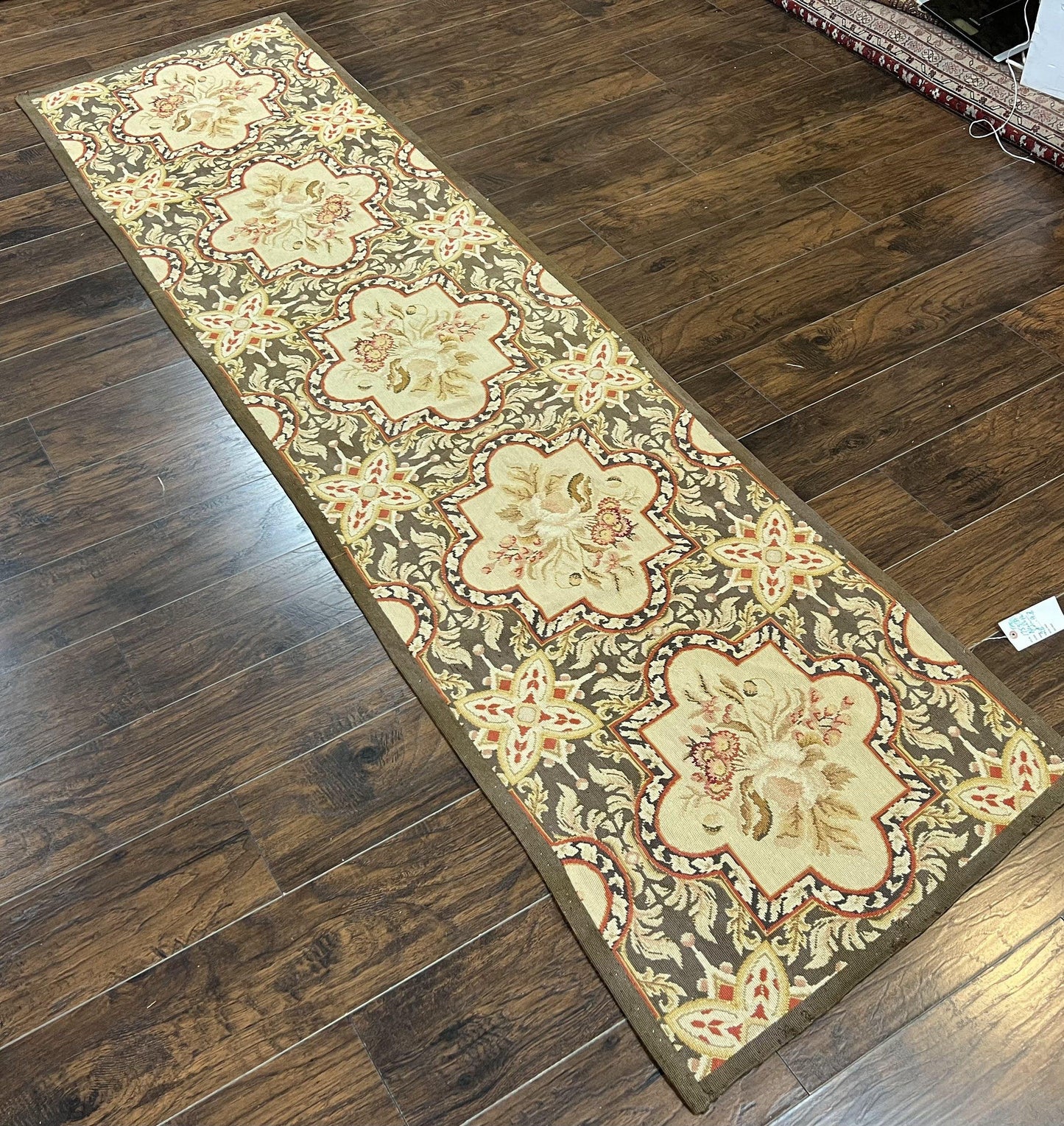 Needlepoint Runner Rug 2.8 x 9.8, Brown and Beige, Handwoven Handmade Floral French European Design, Vintage Flatweave 10ft Wool Runner Rug - Nuvé