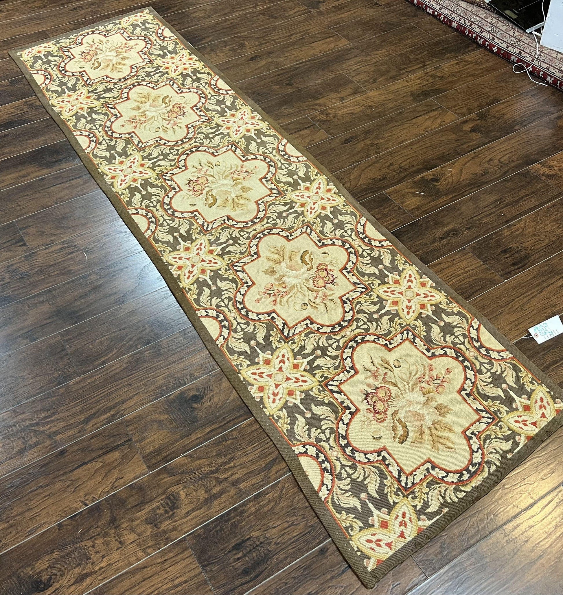 Needlepoint Runner Rug 2.8 x 9.8, Brown and Beige, Handwoven Handmade Floral French European Design, Vintage Flatweave 10ft Wool Runner Rug - Nuvé