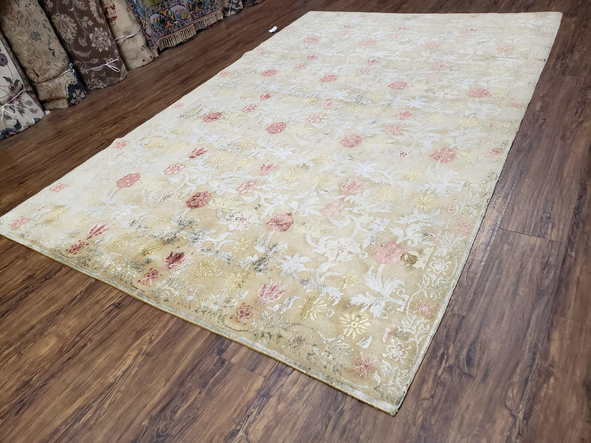 Modern Tibetan Rug 6x9, Wool and Silk Tibetan Rug, Handmade Tibetan Rug, Silk Flowers, Contemporary Rug, Soft Rug, Tibetan Area Rug, Tan - Nuvé