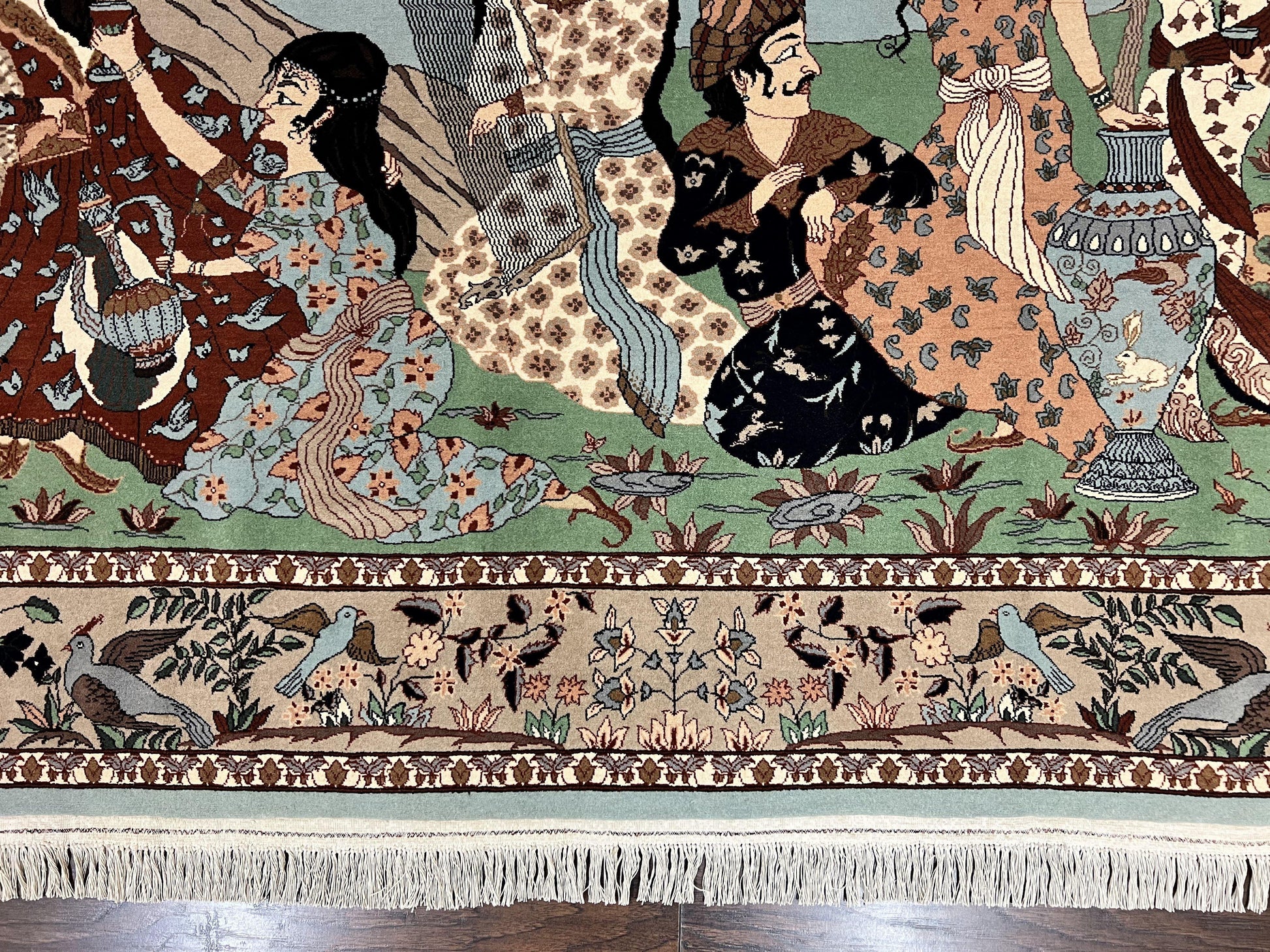 Indo Persian Pictorial Rug 4x7, Handmade Hand Knotted Wool Semi Antique Horizontal Carpet, Men & Women Drinking, Fine Rug, Bird Pictorials - Nuvé