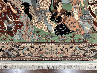 Indo Persian Pictorial Rug 4x7, Handmade Hand Knotted Wool Semi Antique Horizontal Carpet, Men & Women Drinking, Fine Rug, Bird Pictorials - Nuvé