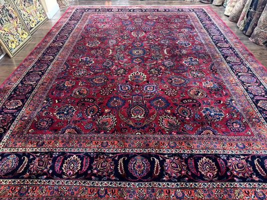 Palace Size Persian Mashad Rug 12x16, Raspberry and Navy Blue, Signature from Master Weaver, Antique Handmade Large Wool Carpet - Nuvé