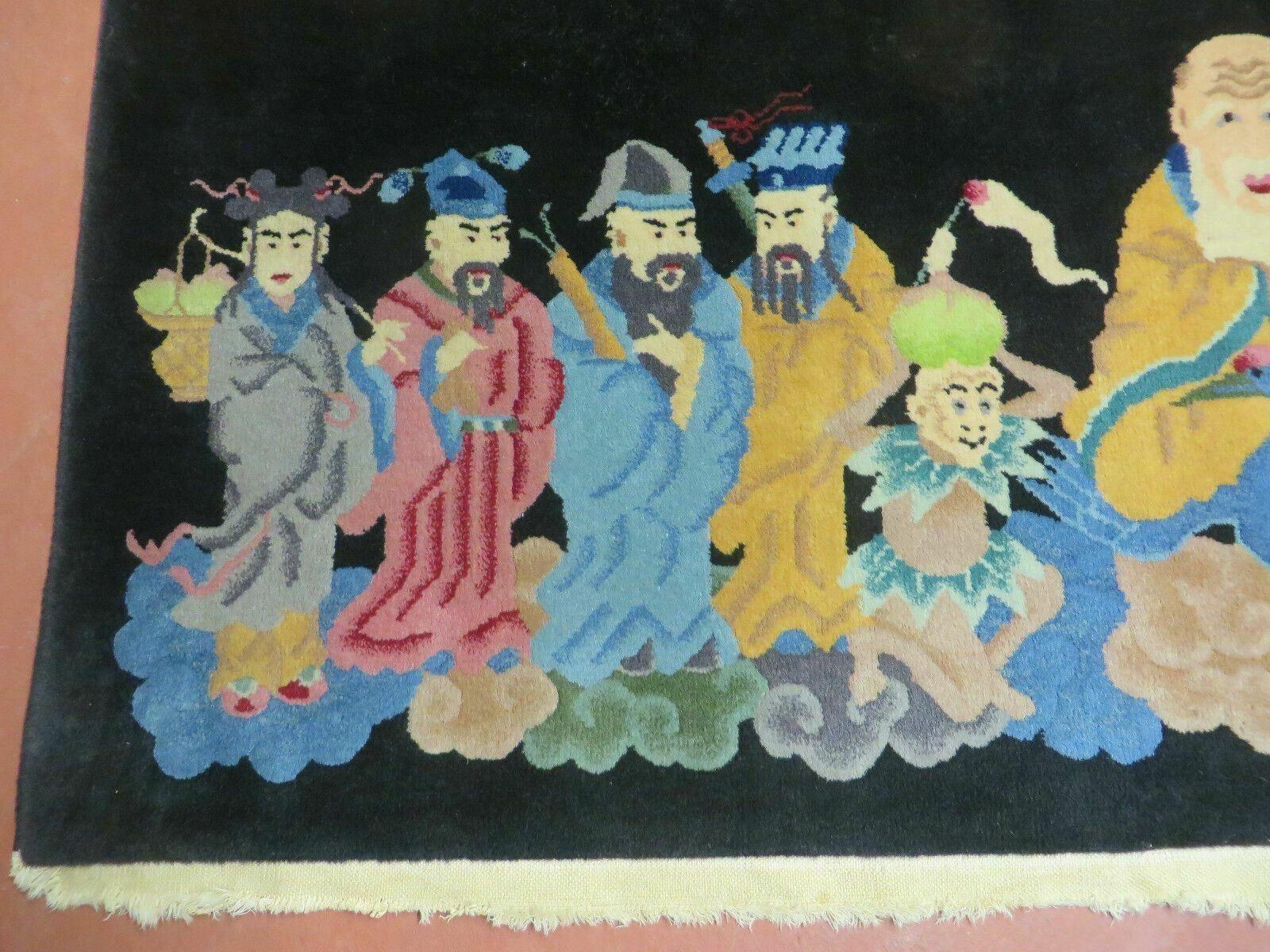 Chinese Wool Pictorial Rug 3x6 Counsel of Wise Elders Philosophers, Vintage Hand Knotted Black Chinese Carpet, Swan, Clouds Confucius, Rare - Nuvé