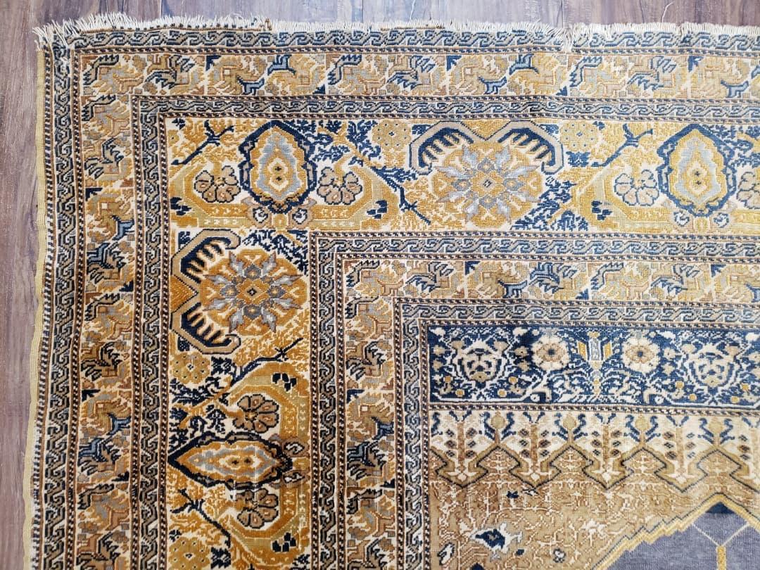 Rare Turkish Ghiordes Prayer Rug 4 x 5.8 ft, Late 19th Century Turkish Oriental Carpet, Mehrab Antique Prayer Rug, Museum Quality, Blue, Tan - Nuvé