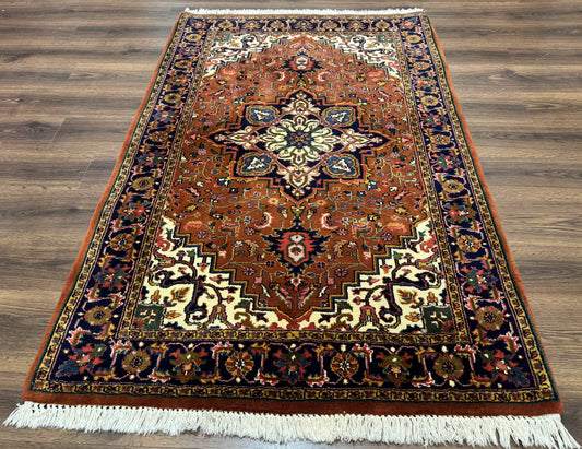 Indo Persian Heriz Rug 4x6, Rust Red Navy Blue and Cream - Nuvé