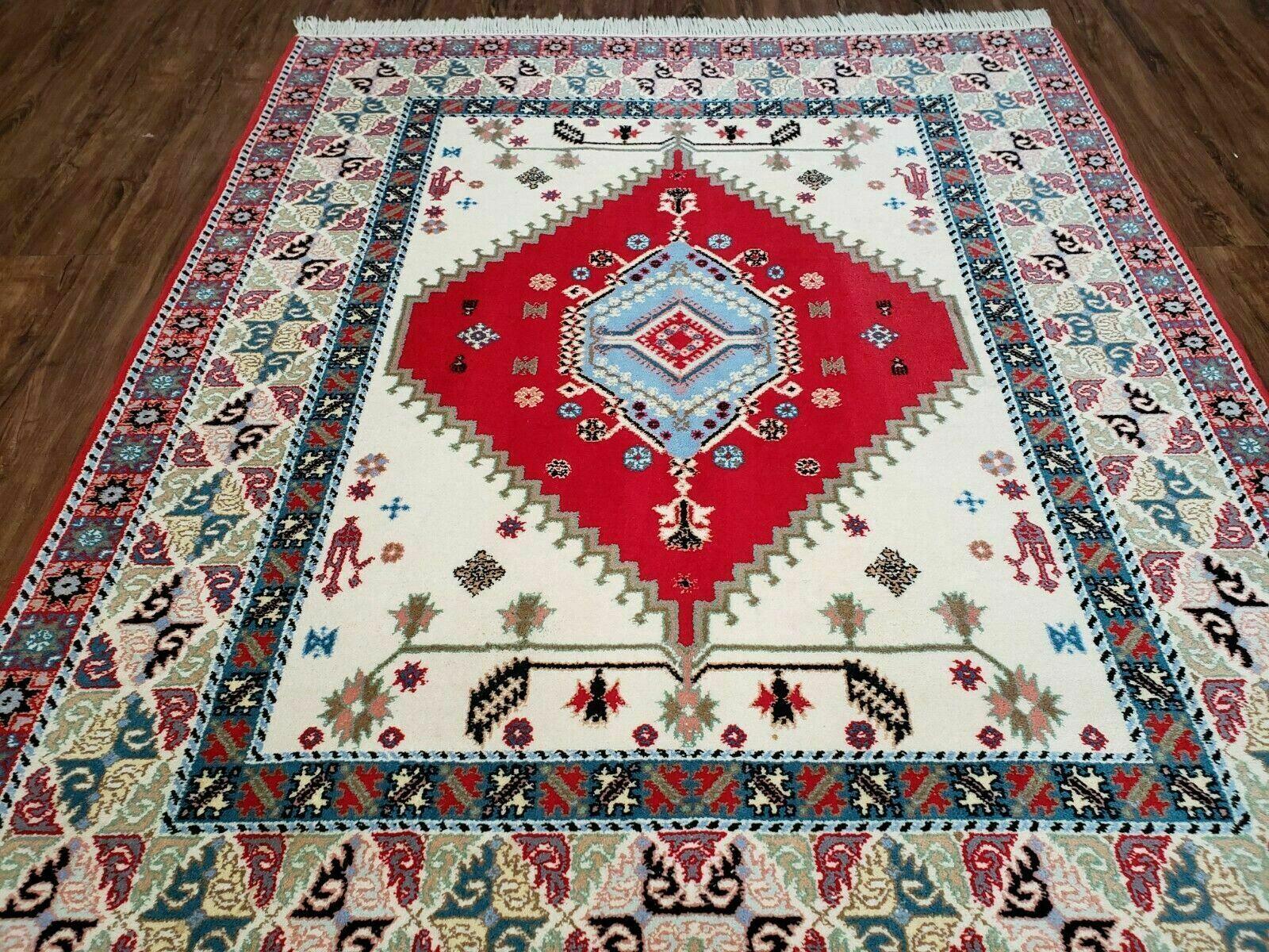 Vintage Moroccan Carpet 5x7 Area Rug, Berber Rug, Handmade Soft Wool Rug, Red Ivory and Blue, Geometric Medallion Rug, Bohemian Rug, Nice - Nuvé