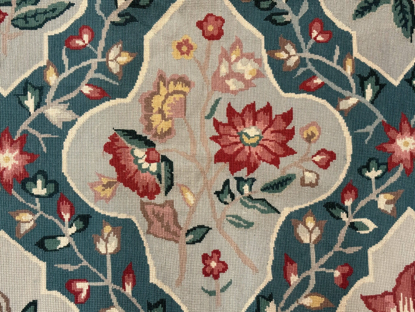 Teal Needlepoint Rug 6x9, Panel Design, Floral Bouquets, Handmade - Nuvé