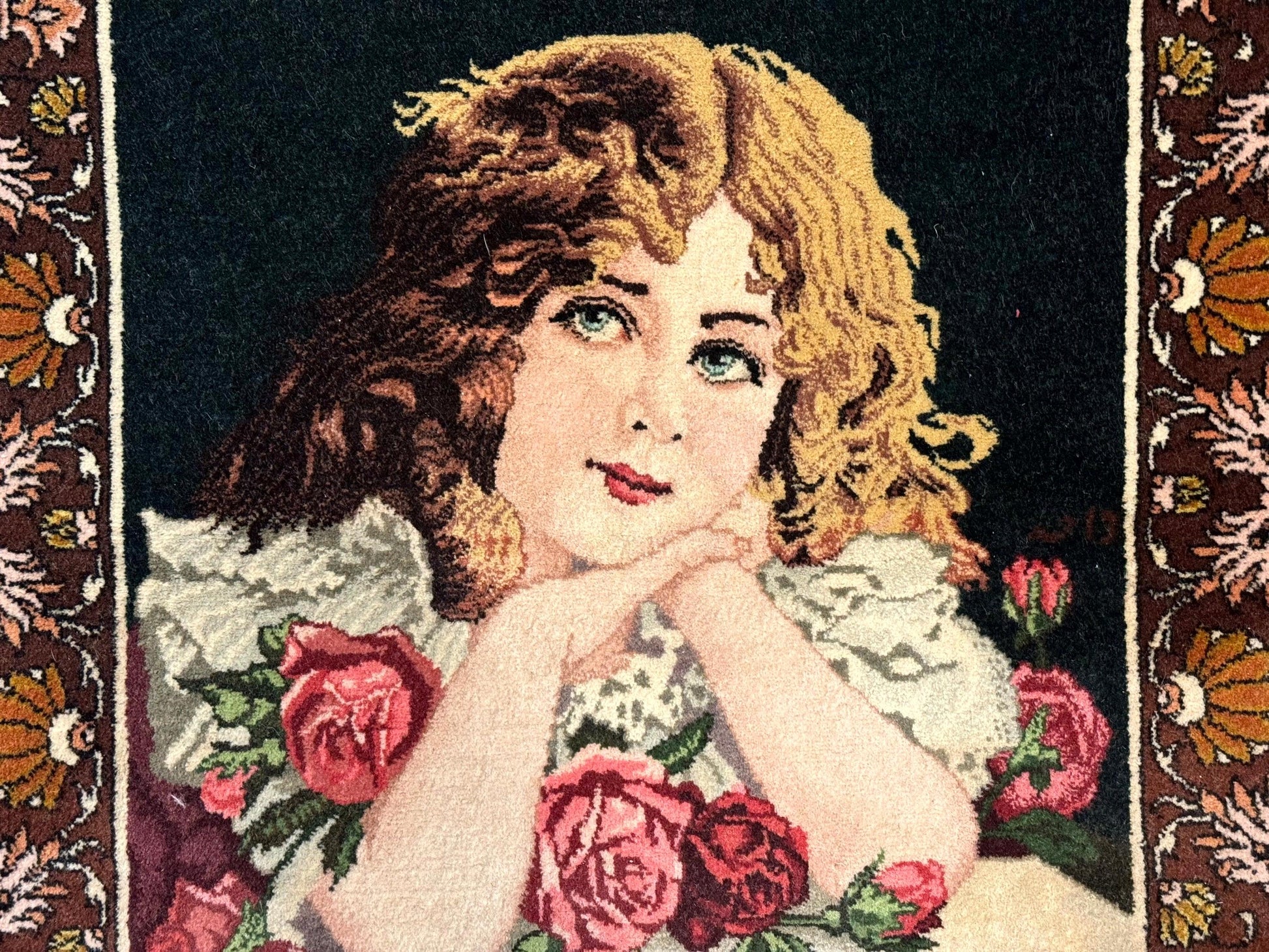 Small Persian Tabriz Pictorial Rug of Young Girl, Very Fine 380 KPSI, Portrait of Young Lady with Roses, Handmade, Persian Rug for Wall Hanging - Nuvé