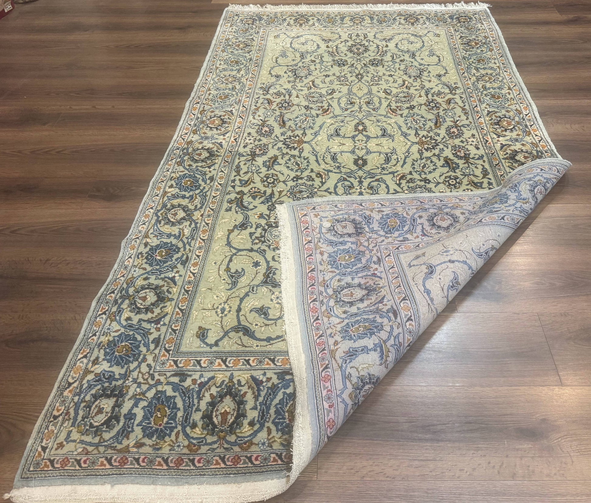 Persian Kashan Rug, Unique Colors, 225 KPSI, Light Green and Light Blue - Nuvé