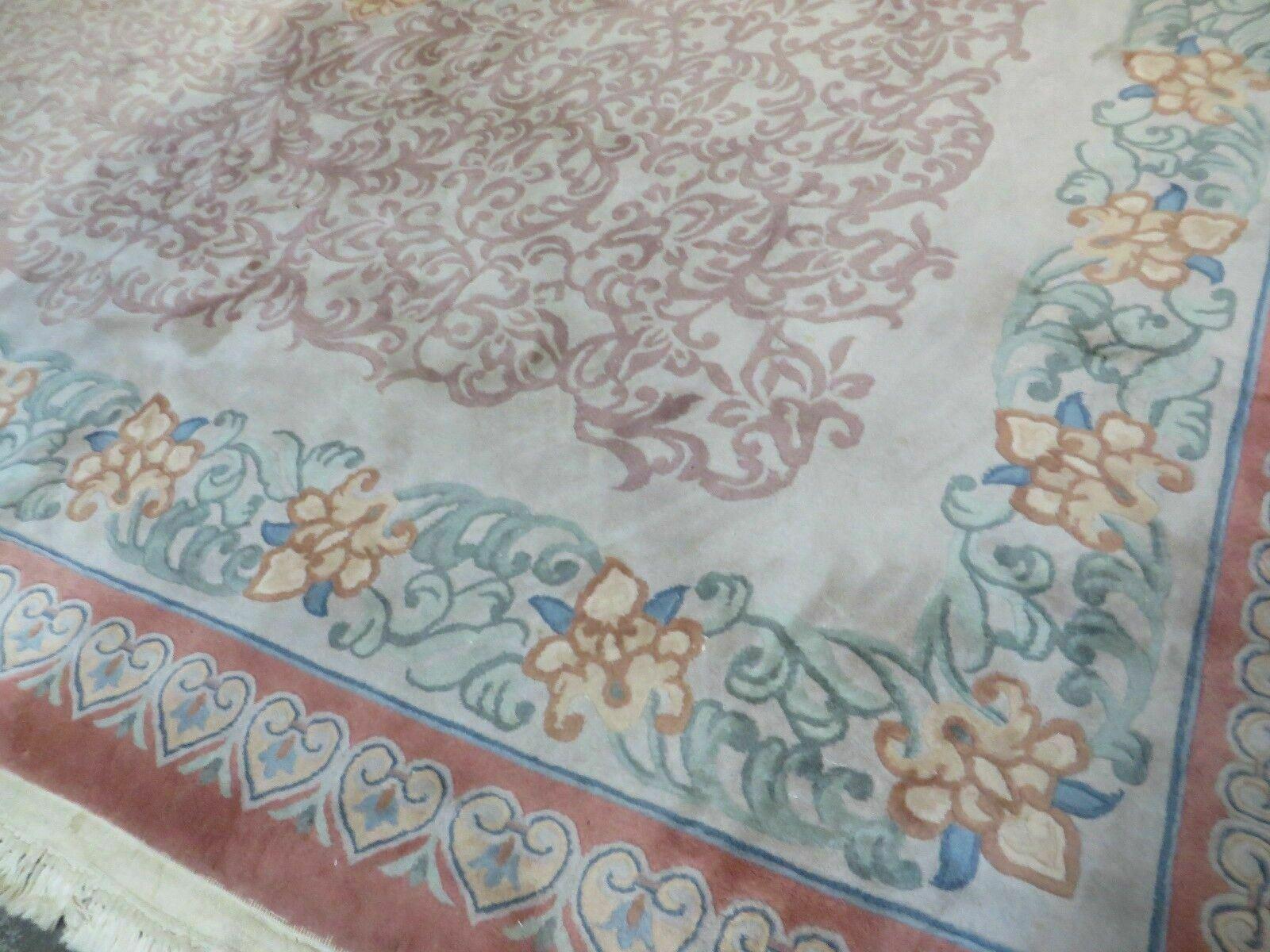 9' X 12' Vintage Handmade Chinese Carving Sculpture Wool Rug Flower Design Pink Carpet - Nuvé