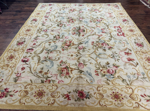 Aubusson Rug 8x10, French European Design, Vintage Handmade Wool Carpet, Aubusson Rug with Pile, Floral - Nuvé