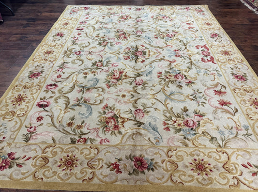 Aubusson Rug 8x10, French European Design, Vintage Handmade Wool Carpet, Aubusson Rug with Pile, Floral - Nuvé