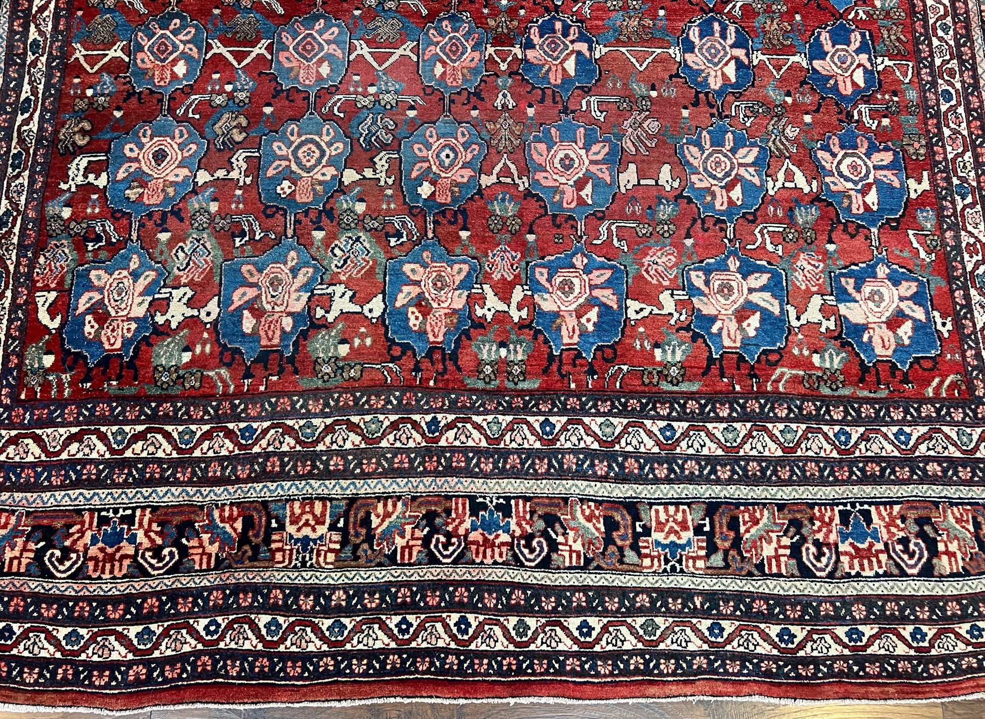Antique Persian Bijar Rug 9x12 - Allover Motif, Red & Blue - Nuvé