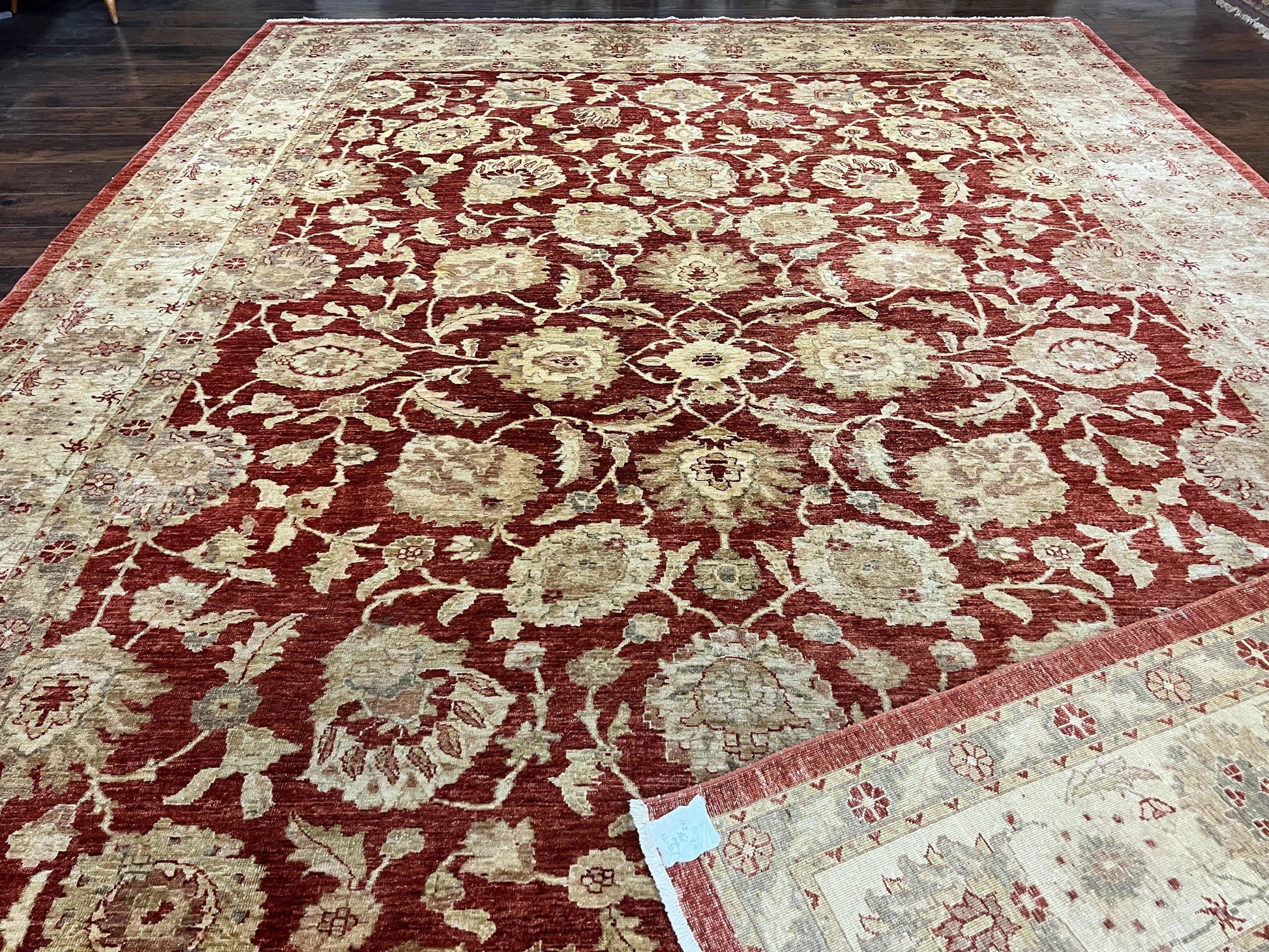 Pak Persian Rug 10x14, Sultanabad Mahal Peshawar Chobi Carpet, Large Vintage Wool Oriental Rug, Maroon & Beige, Floral Allover, Handmade - Nuvé