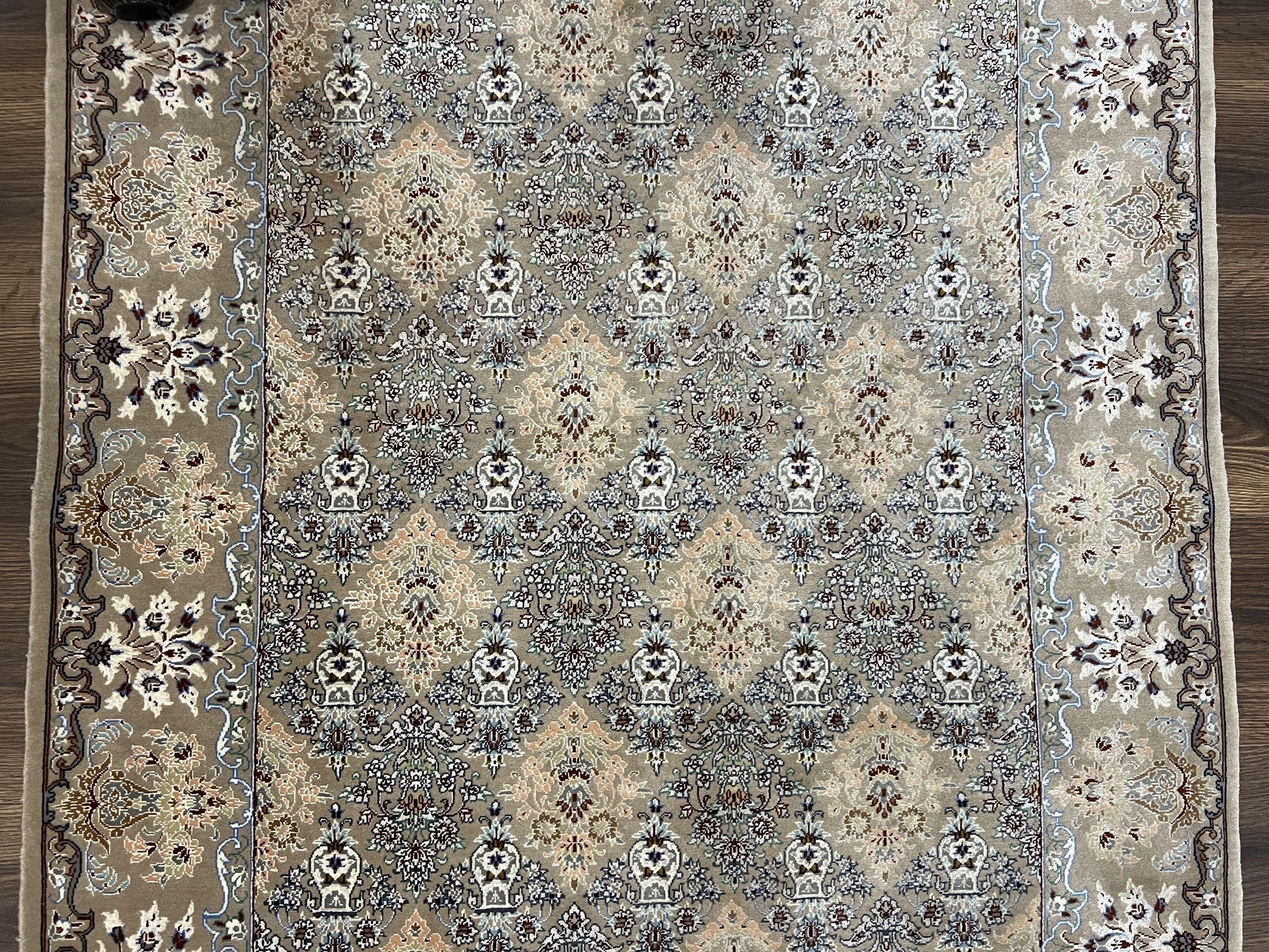 Super Fine Persian Isfahan Rug 3x5 ft, Kork Wool on Silk Foundation, Repeated Floral Motif, Taupe Tan Hand Knotted Oriental Carpet 3 x 5 ft, Signed - Nuvé