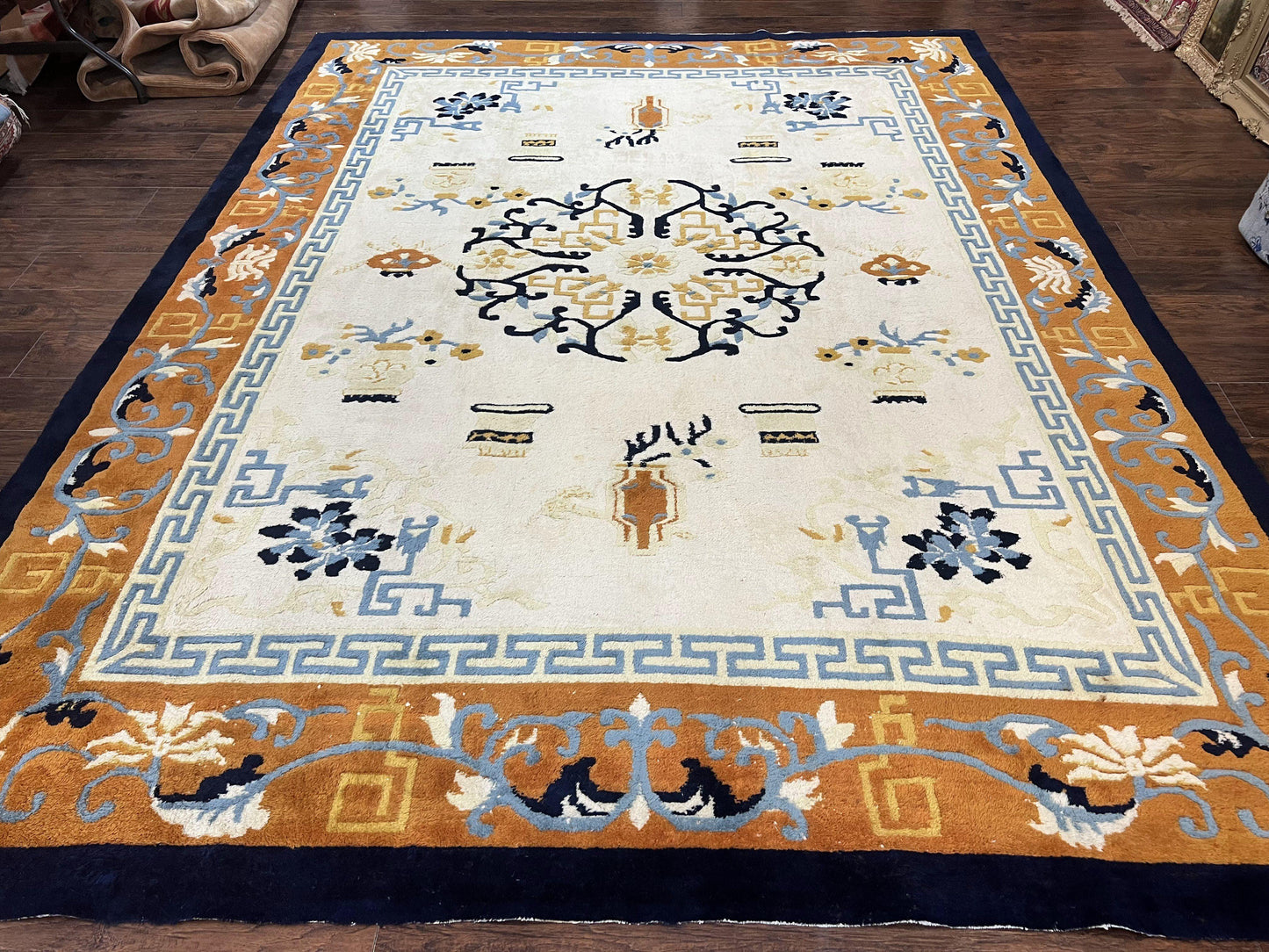 Indo Chinese Rug 9x12, Asian Oriental Carpet 9 x 12, Cream & Burnt Orange, Handmade Wool Vintage Art Deco Rug - Nuvé