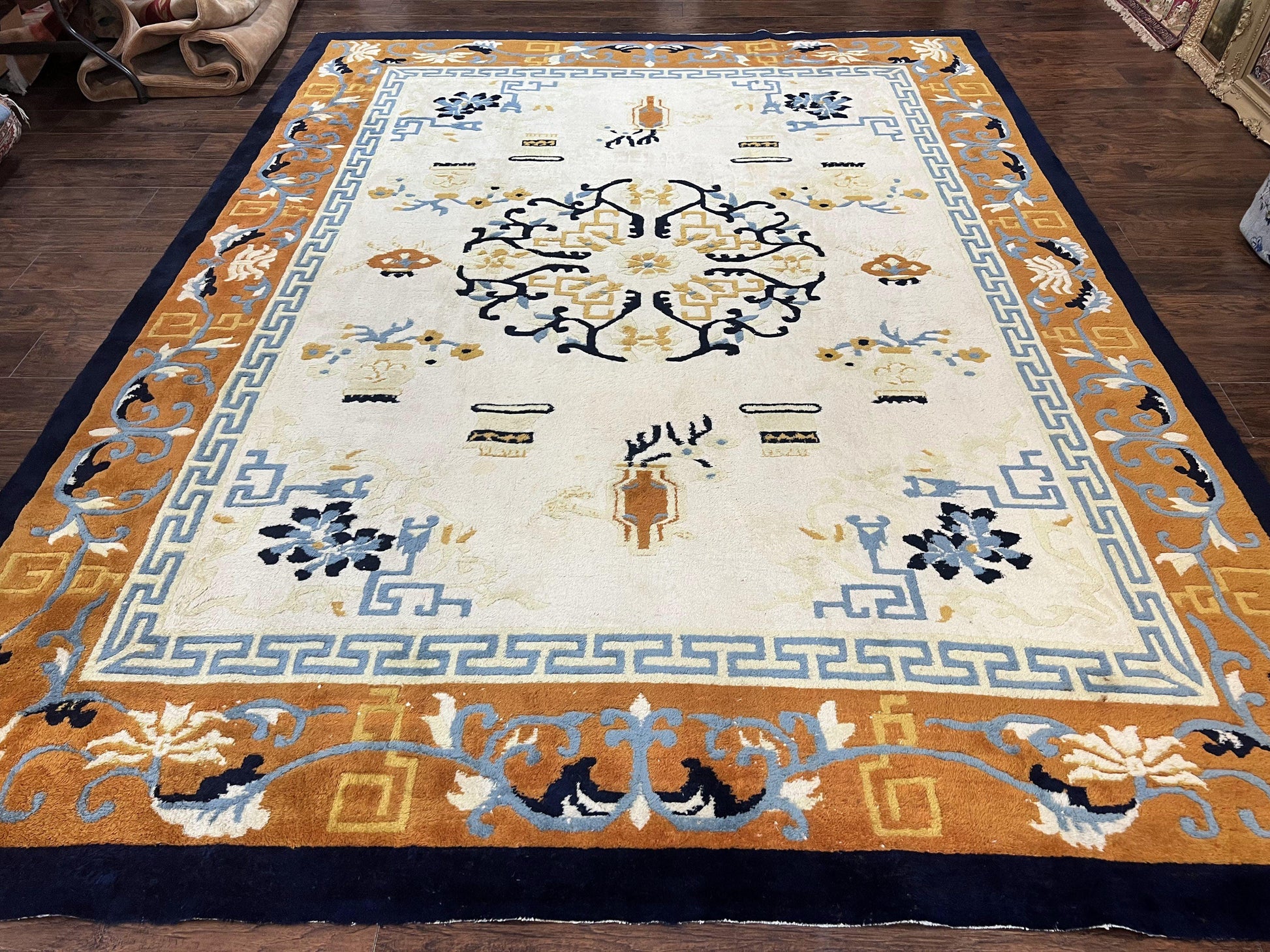 Indo Chinese Rug 9x12, Asian Oriental Carpet 9 x 12, Cream & Burnt Orange, Handmade Wool Vintage Art Deco Rug - Nuvé
