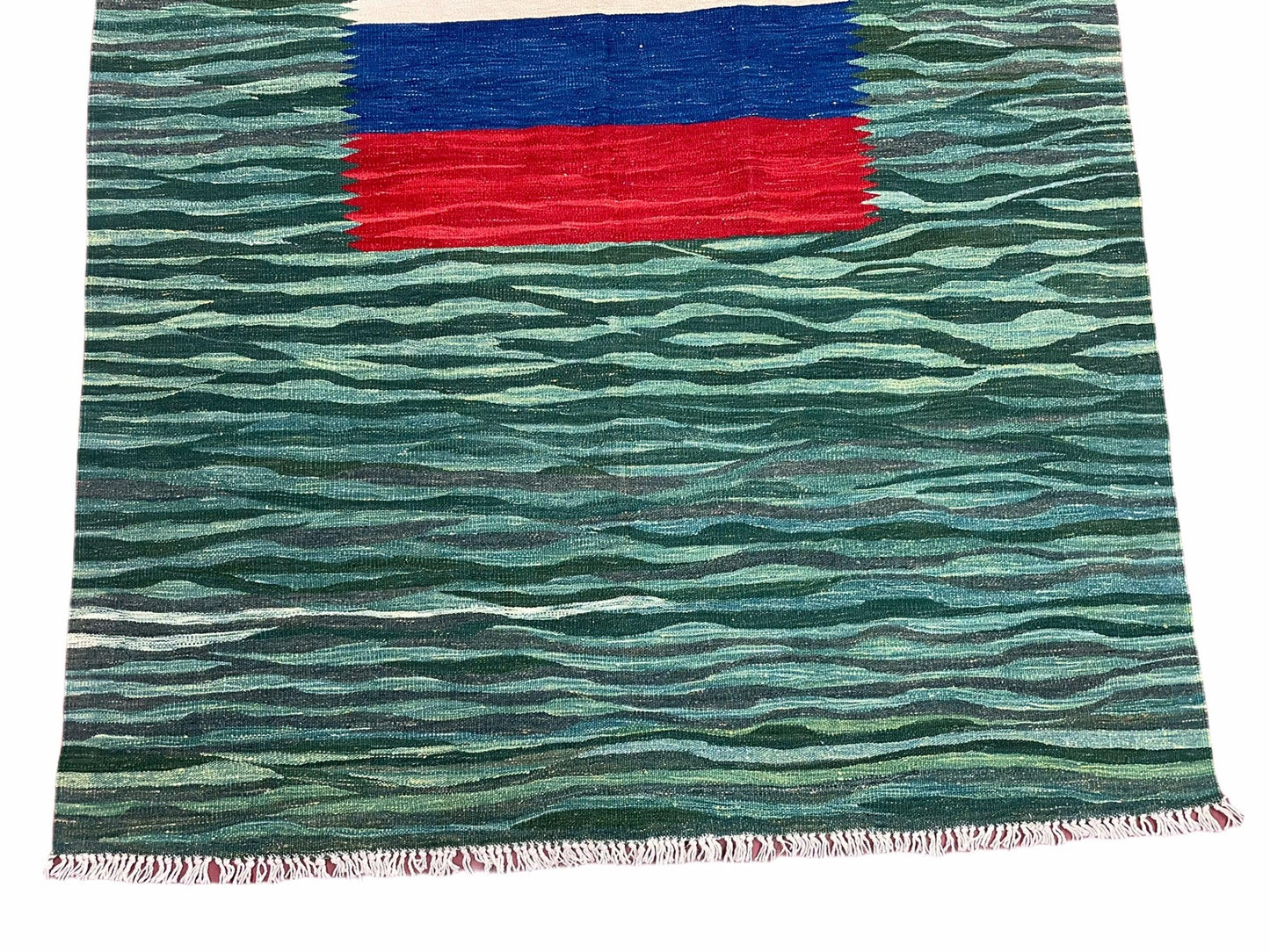 Sea Green Kilim Area Rug, White Blue Red Stripes, Russian Flag Rug, Flatweave Hand Knotted Carpet, Turkish Carpet, Wool, New, 5' 6" x 7' 10" - Nuvé
