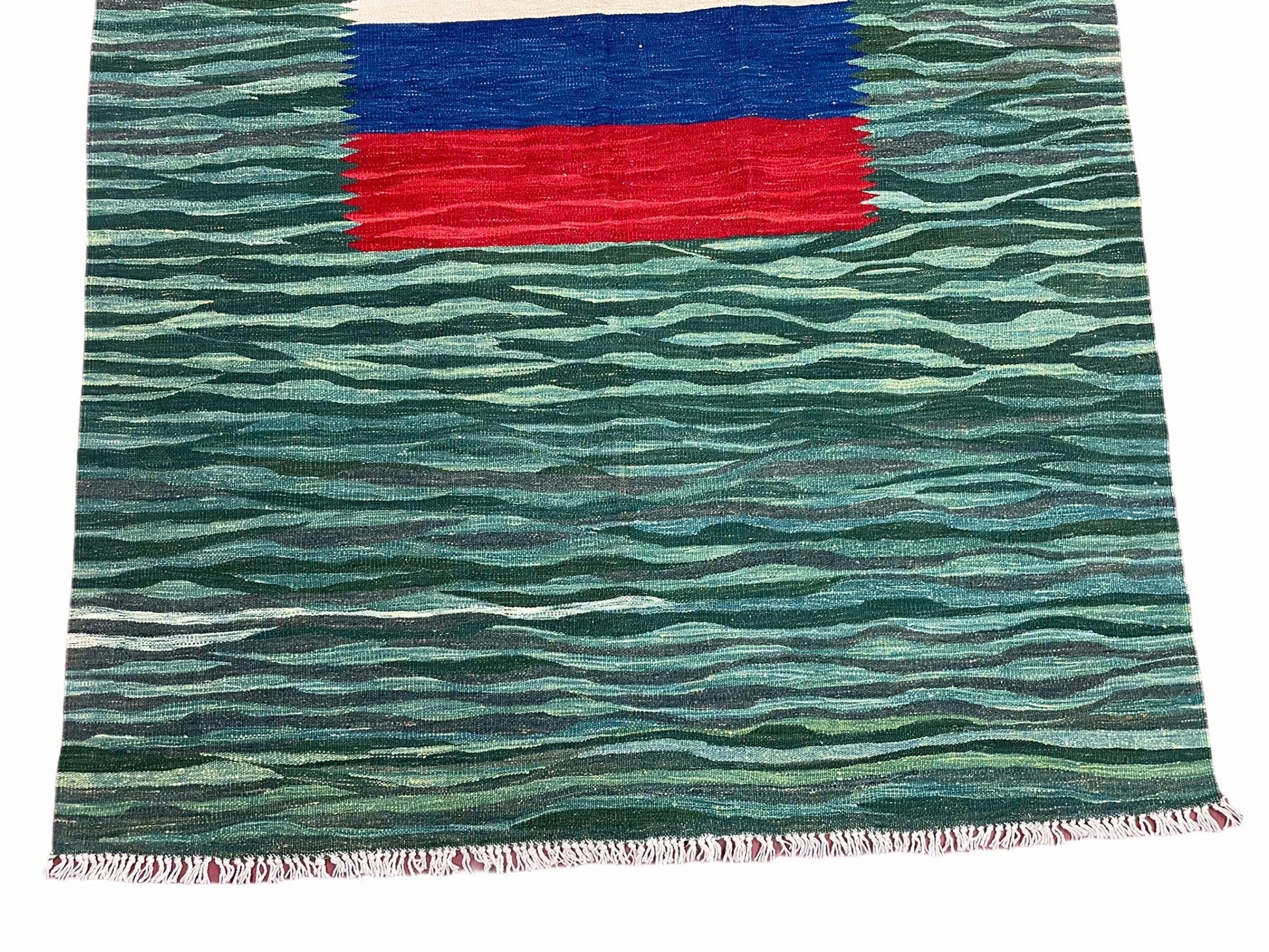 Sea Green Kilim Area Rug, White Blue Red Stripes, Russian Flag Rug, Flatweave Hand Knotted Carpet, Turkish Carpet, Wool, New, 5' 6" x 7' 10" - Nuvé