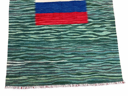Sea Green Kilim Area Rug, White Blue Red Stripes, Russian Flag Rug, Flatweave Hand Knotted Carpet, Turkish Carpet, Wool, New, 5' 6" x 7' 10" - Nuvé