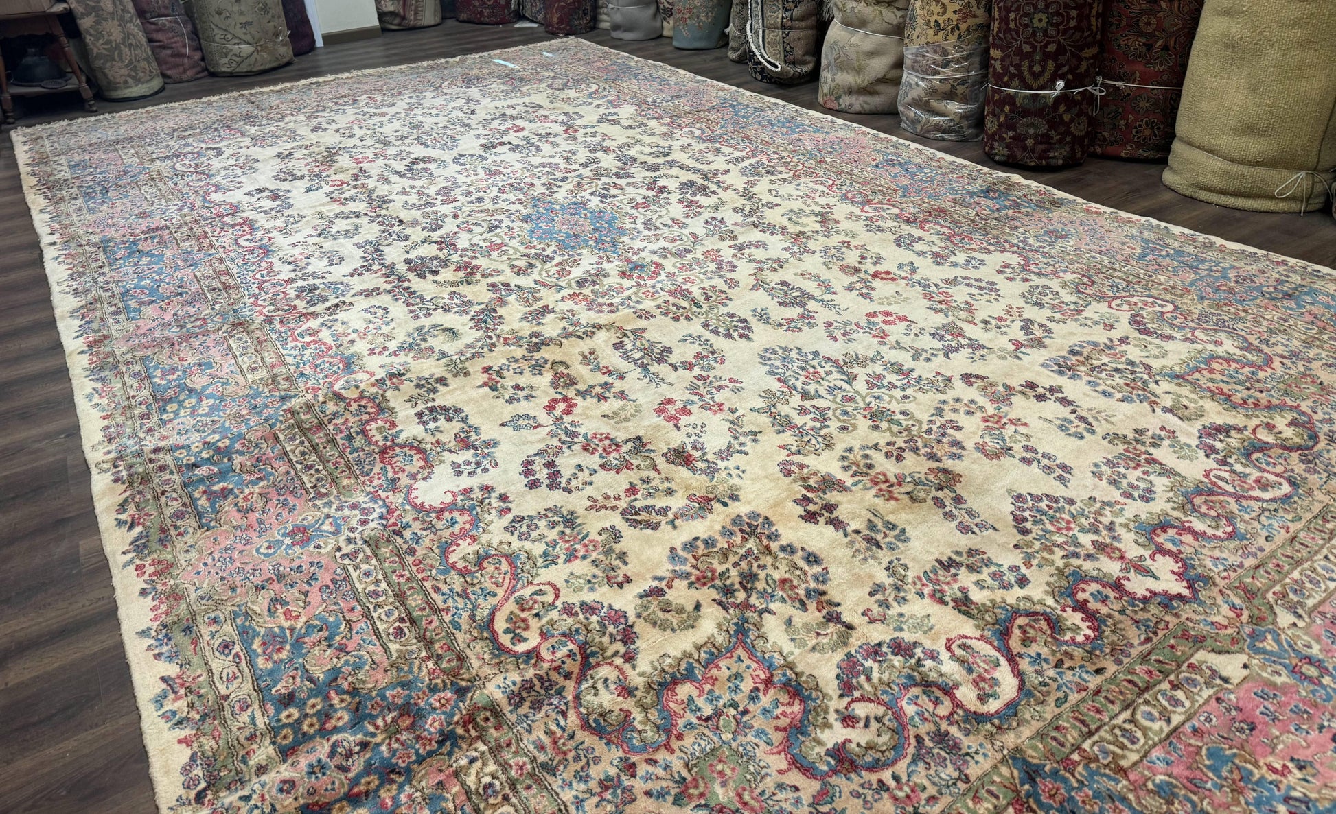 Palace Size Persian Kerman Rug 11x20 ft, Very Fine 340 KPSI, Vintage Oversized Wool Handmade Large Persian Carpet, Beige Light Blue Pink - Nuvé
