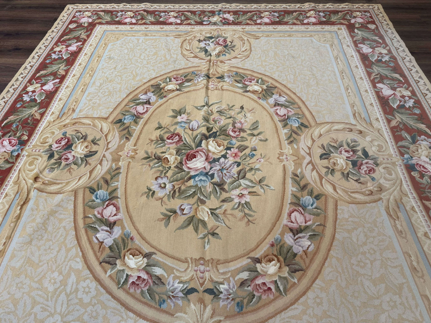 Needlepoint Rug 8x10, Aubusson Savonnerie European Carpet, Floral, Elegant - Nuvé