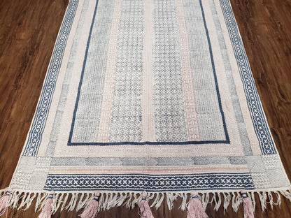 Vintage Moroccan Kilim Area Rug 4x6, Ivory & Blues, Moroccan Wall Hanging, Wool, Handmade, 3'9" x 6' 1", Boho Rug, Flatweave Moroccan Carpet - Nuvé