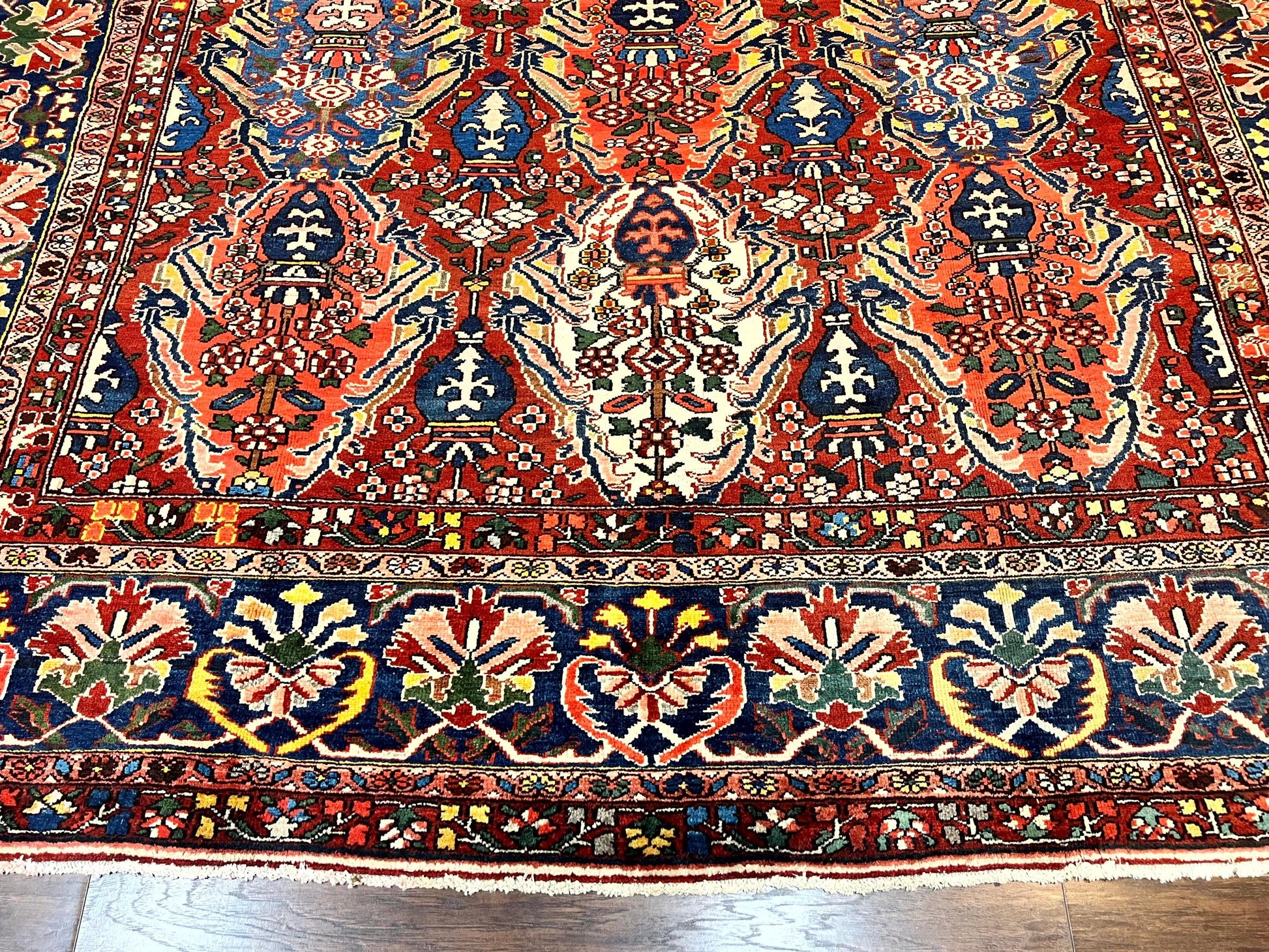 Large Persian Bakhtiari Rug 10x14, Rare Perisan Tribal Rug, Red Blue Ivory Multicolor, Hand Knotted, Semi Antique Carpet - Nuvé